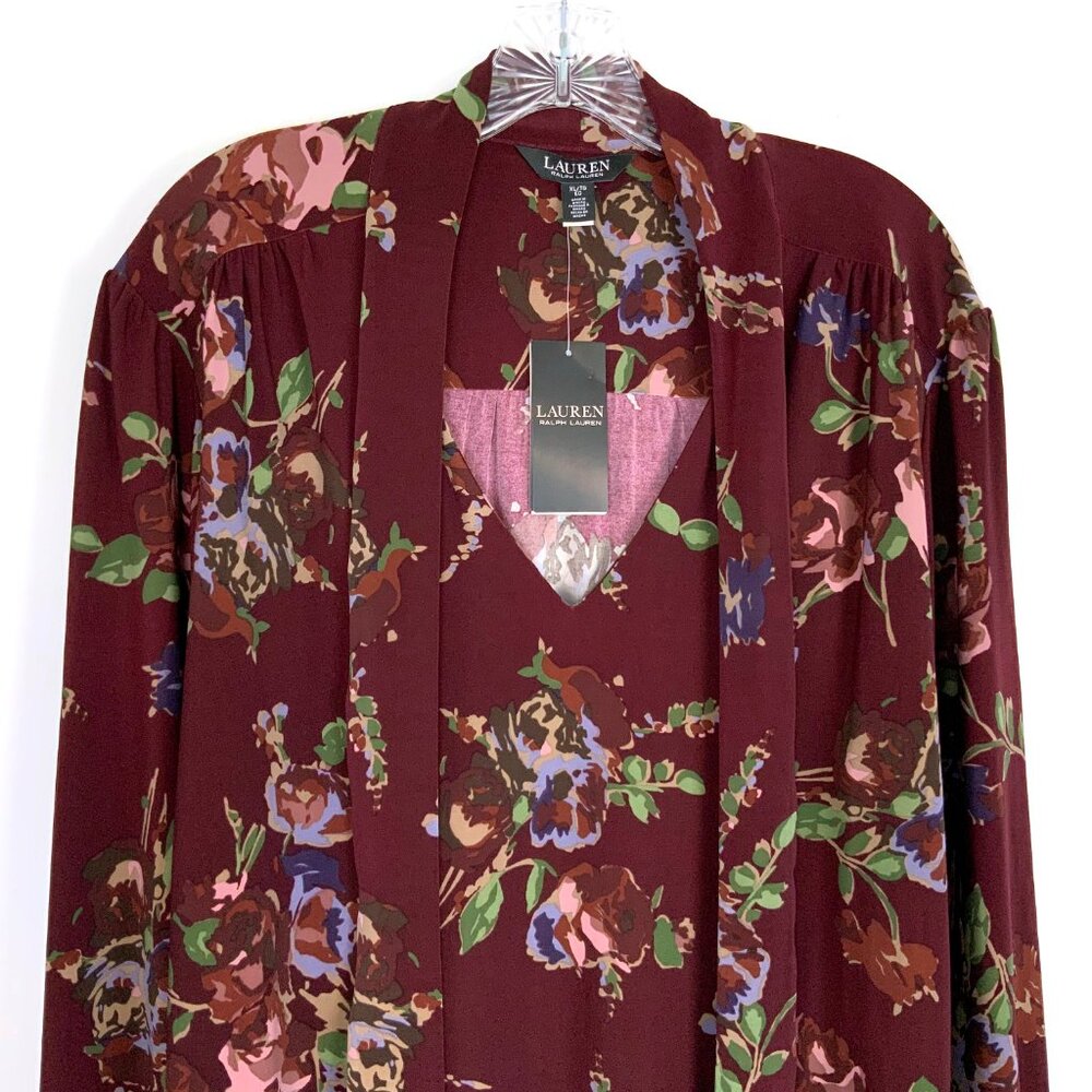 New Lauren Ralph Lauren Floral Stretch Jersey Tie-Neck Long Sleeve Blouse Sz XL - Picture 4 of 16